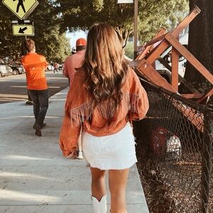 Veveret Orange Distressed Cropped Rhinestone Jacket